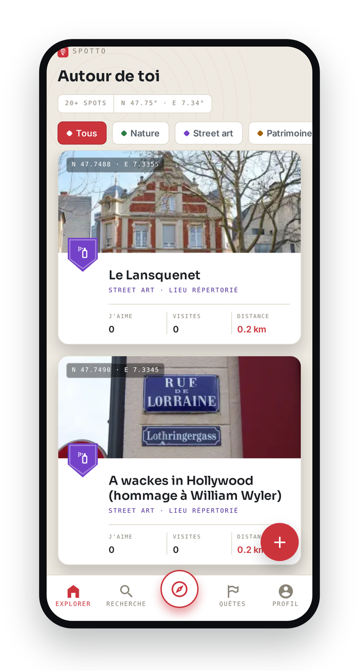 Écran Explorer de l'app Spotto