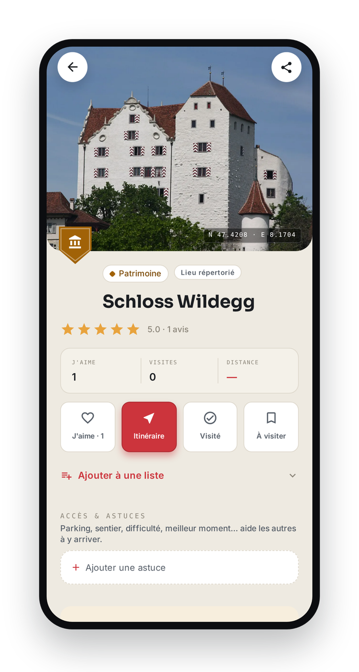 Fiche d'un spot dans l'app Spotto